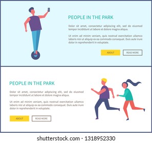 People in park boy riding on, man and woman running together vector. Couple jogging, active way of life and sport activities, poster text sample