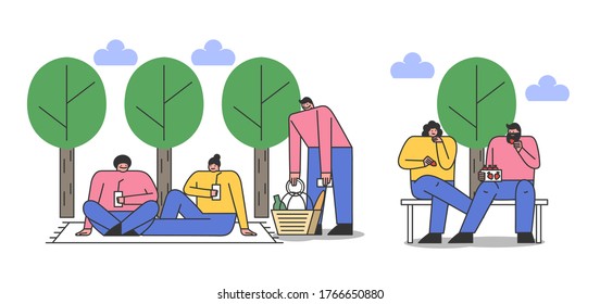People in park. Cartoon man and woman having picnics outdoors, eating and drinking on fresh air. Couples and friends relaxing and communicating over trees background. Flat vector illustration