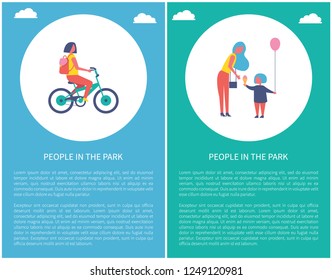 People in park cartoon vector posters with text. Girl riding bike, mother and daughter buying balloon and eating ice-cream. Spending free time concept