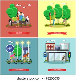 People in park concept banners vector set. Time with kids and friends in park. Vector illustration in flat style design. Man waiting for a public transport at bus stop. Couple sitting on a bench.