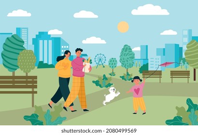 People in park concept. Young men and women walk with dog and little daughter outdoors. Happy family relaxing in nature at weekend. Couple with child and pet. Cartoon flat vector illustration