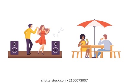 People in the Park Dancing to Music and Sitting at Cafe Eating Enjoying Leisure Activity Vector Illustration Set
