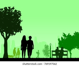 People in park and different activities in park scene silhouette layered, one in the series of similar images