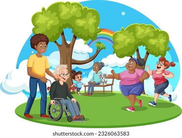 Personas en el parque haciendo diferentes actividades ilustrativas