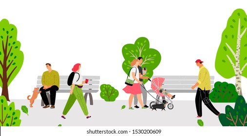 People in park. Family, men women kids and pets in park. Different flat cartoon characters vector illustration