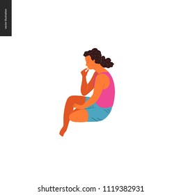 People park festival picnic - flat vector concept illustration of a young brunette curly-headed woman wearing tank top and shorts, sitting on the ground and eating something