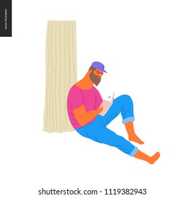 People park festival picnic - flat vector concept illustration of a big young bearded man wearing jeans, t-shirt and peaked cap sitting on the ground leaning against a tree trunk and reading a book