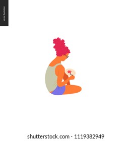 People park festival picnic -flat vector concept illustration of a young red haired woman with tall hirstyle wearing tank top and shorts, sitting on the ground and eating food with fork from the plate