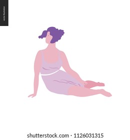 People park festival picnic - flat vector concept illustration of a woman with blue hair wearing light dress sitting on the ground