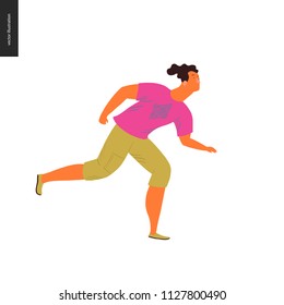 People park festival picnic - flat vector concept illustration of a young brunette man wearing bright pink t-shirt and yellow greenish trousers running on the ground. Olive coloured shoes