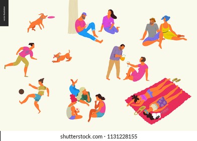 People park festival picnic - flat vector concept illustration of a group of people relaxing in the park - having picnic, getting tan, playing soccer, reading, playing with a dog, talking in a company