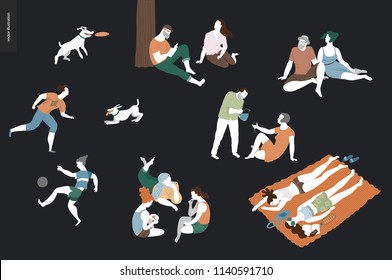 People park festival picnic - flat vector concept illustration of a group of people relaxing in the park - having picnic, getting tan, playing soccer, reading, playing with a dog, talking in a company