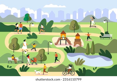 People in park flat cartoon. Person walk summer outdoor