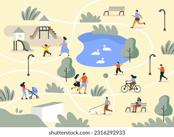 People in park flat cartoon. Person walk summer outdoor