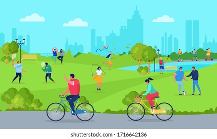 People in park, free time vector illustration. People character having active rest at nature. Man and woman weekend outside by lake landscape, yoga, badminton, cycling, play football and fly kite.