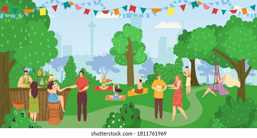 People in park, friends together having fun, leisure and rest in summer nature, doing yoga poses and fitness, eating at food kiosk vector illustration. People having picnic in park.