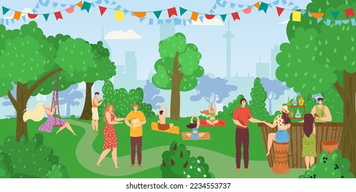 People in park, friends together having fun, leisure and rest in summer nature, doing yoga poses and fitness, eating at food kiosk vector illustration.