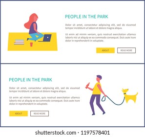 People in park, girl rests on rug with computer, man walking dog with bottle of refreshing drink. Lady with laptop, paper cup of coffee, pile of books