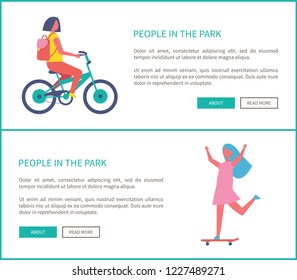 People in park, girl riding bike and woman skateboarding cartoon style web posters. Teenager in casual clothes and backpack cycling in park or city road