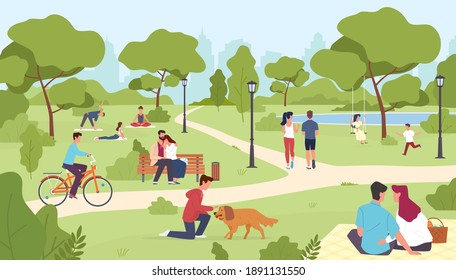 People in park. Happy men and women sitting on bench, city summer or spring park walking, group yoga class outdoor, nature romantic dates, children play, riding bicycle vector colorful cartoon concept svg