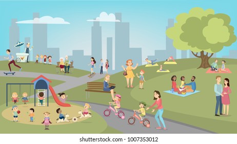 People in park having fun and resting. Children and teens, adults and seniors.