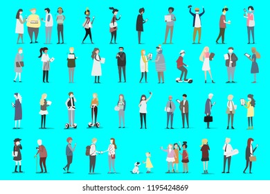 People in the  park having fun, walking the dog, riding bicycle, jumping on puddle, playing , man with umbrella and bulldog. Set casual men and women ,vector