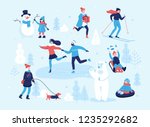 People in the park having fun and winter activities, skiing, skating, girl walking the dog, child making a snowman, children sledding on mountain slope. Couple on skate rink. Winter mood flat concept.