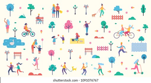 People in park icons collection, trees and benches lantern illuminating light, couples having fun walking together, playing tennis vector illustration