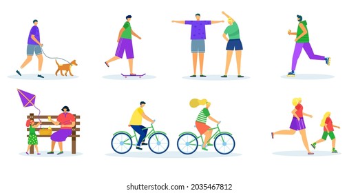 People in park, isolated on white set, vector illustration. Flat man woman character at outdoor leisure time, sport activity and walking dog