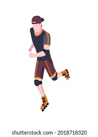 People in park isometric. Man an rollerblading. Active living recreation activities. Spending free time usefully. Vector character isolated on white