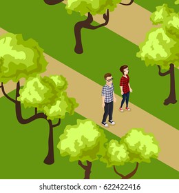People in park isometric walking isolated in park. Isometric threes Isometric people on the picnic.. People on the walk. couple  people on the picnic isometric in the park with trees