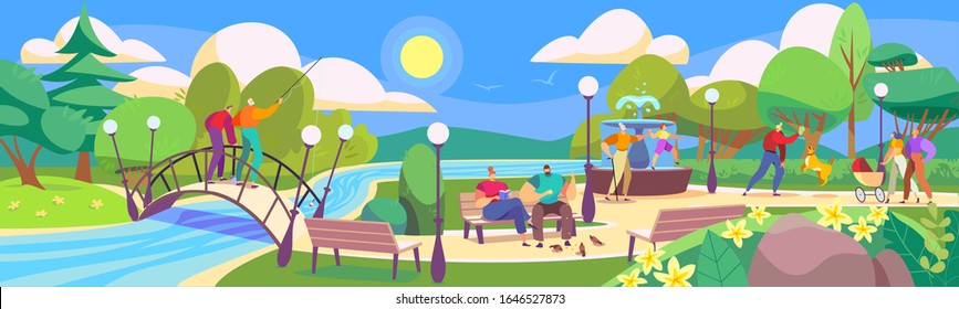 People in park, leisure with family in nature, cartoon characters vector illustration. Summer park with benches, lampposts and fountain. Men and women walking and fishing in nature, outdoor recreation