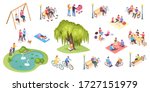 People in park leisure and outdoor activity, family picnic and summer rest, vector isometric isolated elements. City park isometry icons of people sitting on bench, playing on lawn and reading book