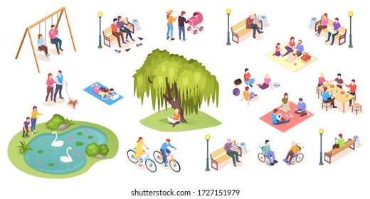 People in park leisure and outdoor activity, family picnic and summer rest, vector isometric isolated elements. City park isometry icons of people sitting on bench, playing on lawn and reading book