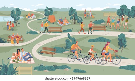 People In Park Leisure Outdoor Activity, Family Picnic And Summer Rest. Vector People Sitting On Bench, Playing On Lawn And Riding Bicycle, Physical Sport Activities, Elderly Couple, Parents With Pram