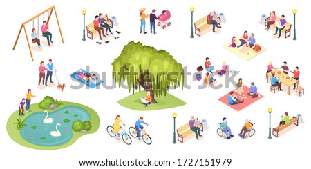 People in park leisure and outdoor activity, family picnic and summer rest, vector isometric isolated elements. City park isometry icons of people sitting on bench, playing on lawn and reading book