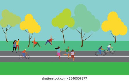 People in the park, leisure vector illustration. Character people having active rest on nature. Men's and women's weekend out.