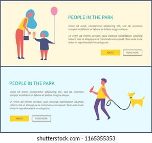 People in park, man walking dog, mother and child with balloon eating ice cream. Guy with bottle of cola, walk pet on leash, spend time outdoor web posters