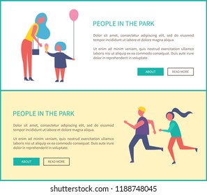 People in park, mother with daughter in entertainment park, couple jogging outdoors. Woman with bag bought ice cream and balloon with helium for child
