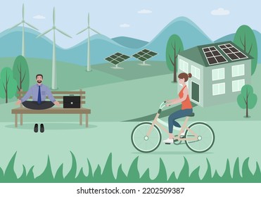 People in the park on the background of purely ecological technology. Windmills, solar power station and house with solar panels. Vector illustration 