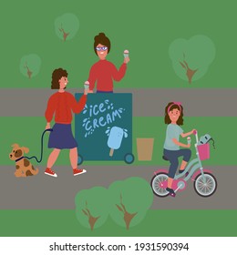 People in the park on a walk. Illustration of children in the park on bicycles. A man with a dog on a walk. A woman sells ice cream. Beautiful vector clip art of walking in the park. Vector illustrati