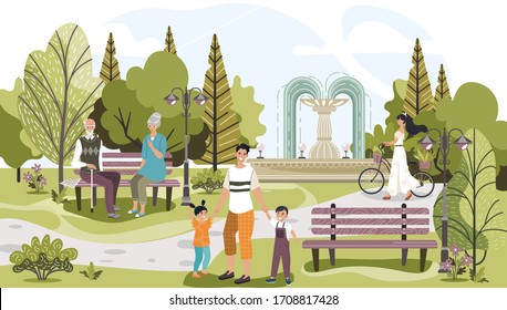 People In Park Outdoor Among Trees, Nature Lifestyle, Happy Father With Kids, Girl With Bycicle And Eldery Couple Relaxing In Urban Flat Vector Illustration. City Park Leisure And Sport Activities.