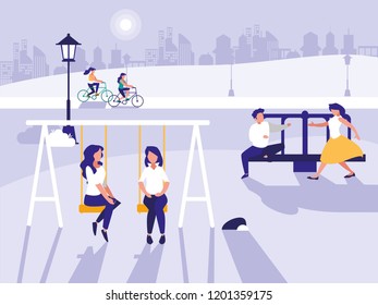 people in park with playground isolated icon