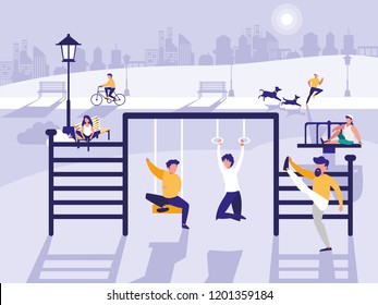 people in park with playground isolated icon