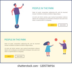 People in park poster, man riding on segway and making selfie, children playing with ball vector illustration web posters. Outdoor summertime activities