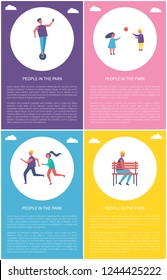 People in park poster two children playing with ball. Man riding, couple jogging together, lonely guy sitting on bench vector set of posters