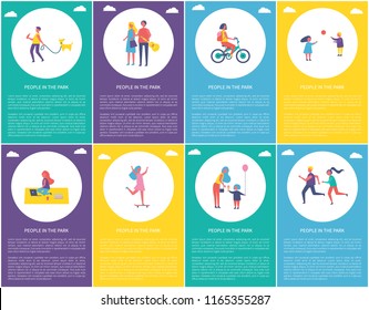 People in park posters set with text sample. Children playing games, woman on bike riding bicycle. Lady skating and mother giving kid ice cream vector