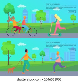 People in the park posters with woman riding on scooter vehicle, couple on tandem bicycle, female walking with dog and male jogging vector cartoon style