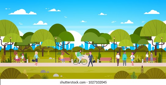 People In Park Relaxing In Urban Nature Over City Skyline Background Walking Riding Bicycle And Communicating Flat Vector Illustration