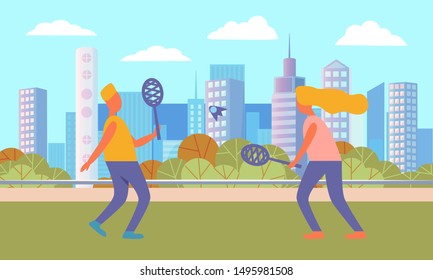 People in park relaxing at weekends, man and woman with rockets hobby of couple. Cityscape and active lifestyle of pair, skyline with skyscrapers. Vector illustration in flat cartoon style